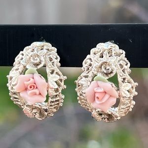 1928 Victorian style pink porcelain rose filagree vintage floral pierced earring